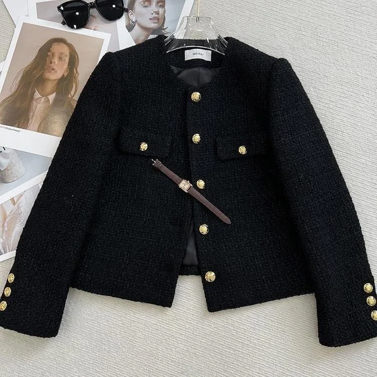 

French Wool Tweed Coat Fashion High-end Gold Button Short Slim Temperament Spring and Autumn Korean Coats Women Jacket New