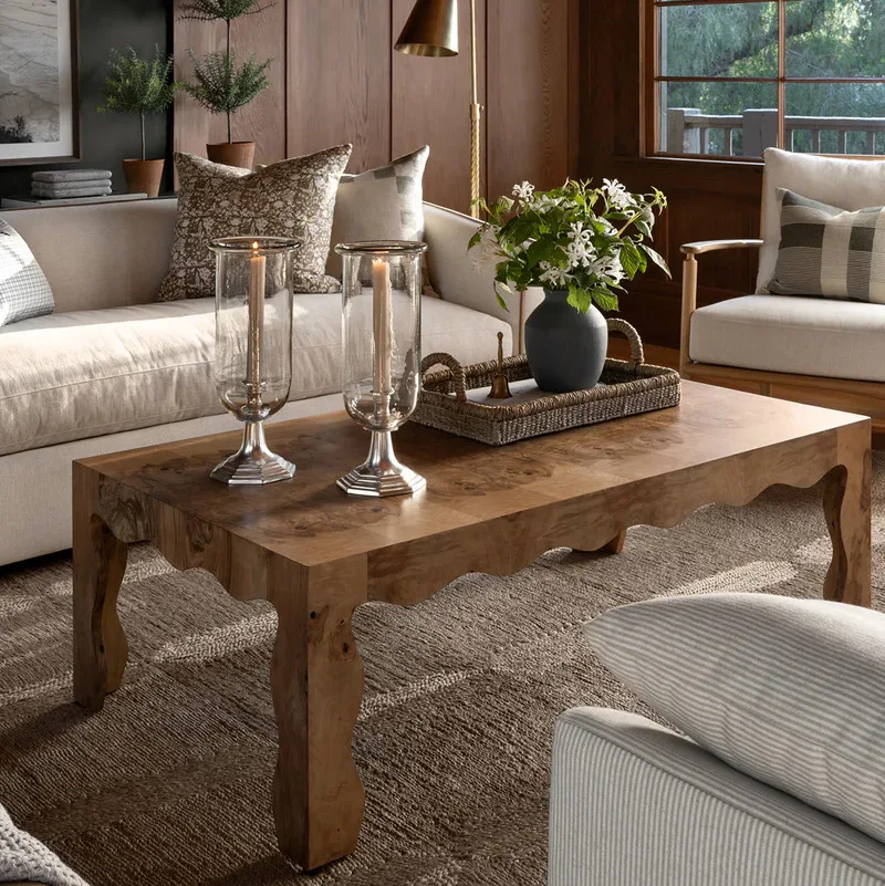 ✘x  Detail Geometric Construction Rocio Burl Wood Coffee Table Modern Style Vintage-Inspired Design Natural Finish&