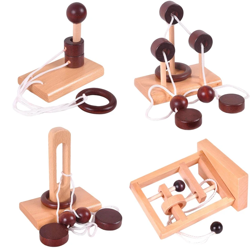 Classic Brain Teaser Puzzle Wooden Threading Rope Ring String Solution Central IQ Test Toys Educational Mind Games Kids Adults