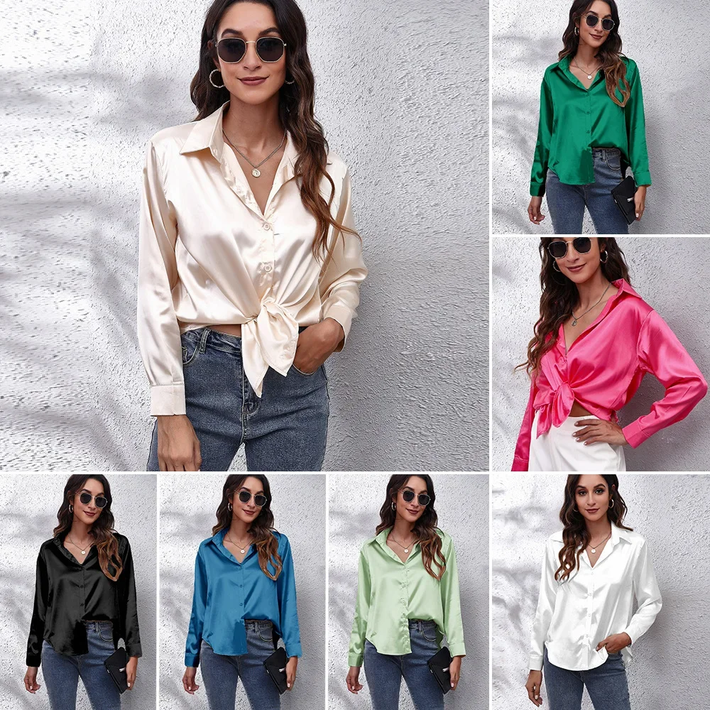 Women\'s Satin Satin Imitation Silk Long Sleeved Shirt Elegant V-neck Retro Style Multicolor Shirt Top