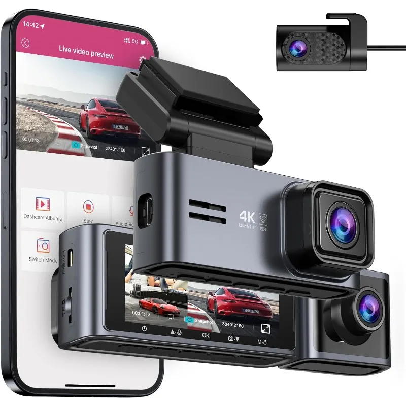 Dash Cam 5G WiFi GPS, 3 Channel Dash Cam Front and Rear Inside 2K+1080P+1080P, 3.18