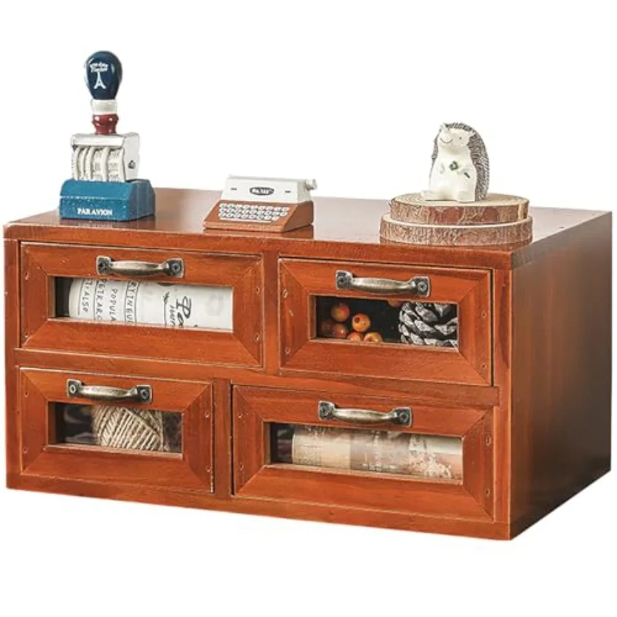 

Store and Display Wooden Desk Top Organizer Cabinet - Mahogany Wood Display Chest with 4 See-Through Drawers - Additional Stora