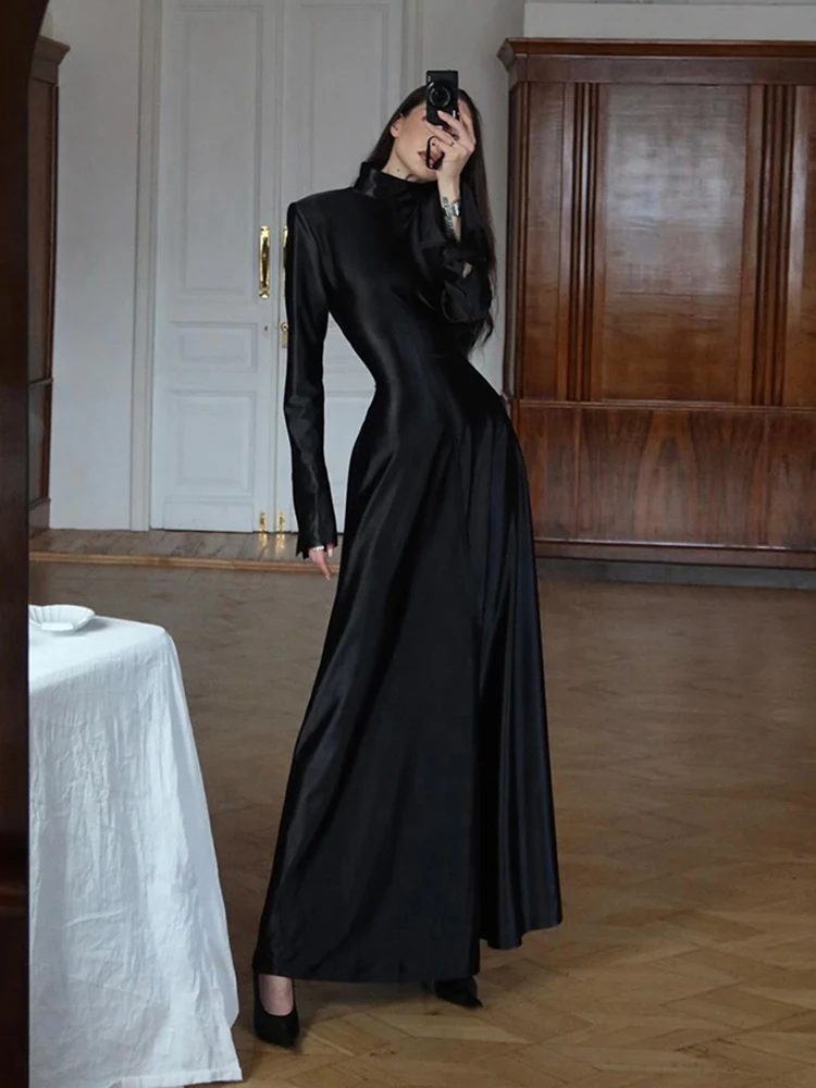 Estranho gato elegante clássico vestido feminino primavera tendência meia gola alta manga cheia simples estiramento magro noite banquete bodycon