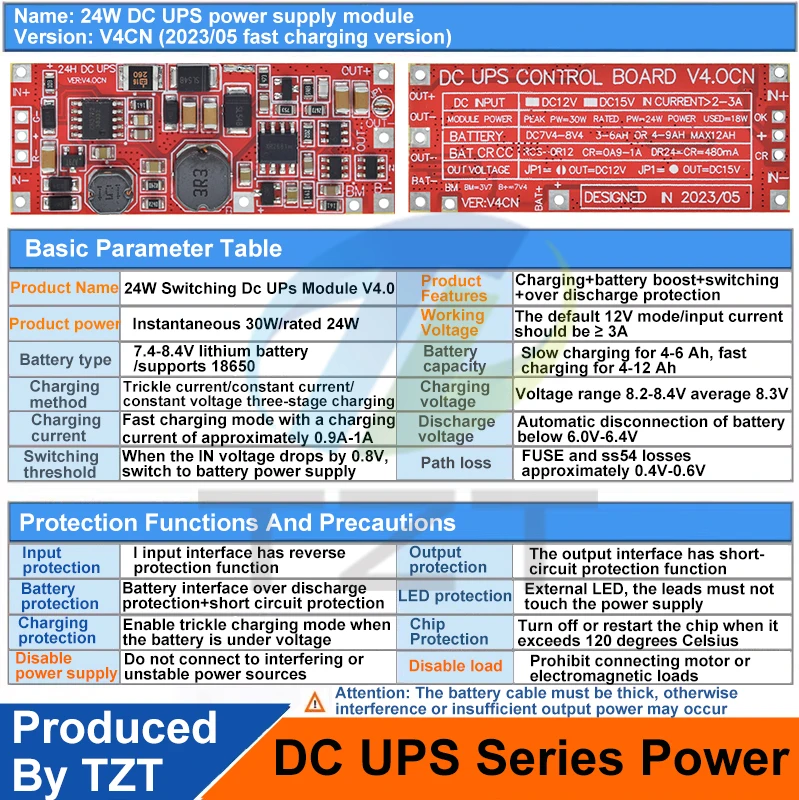 Imagem -02 - Tzt-ups Power Supply Module Uninterruptible Power Control Board Carregamento Step up Proteção dc 12v 15v 24w 1a 2s V4.0cn