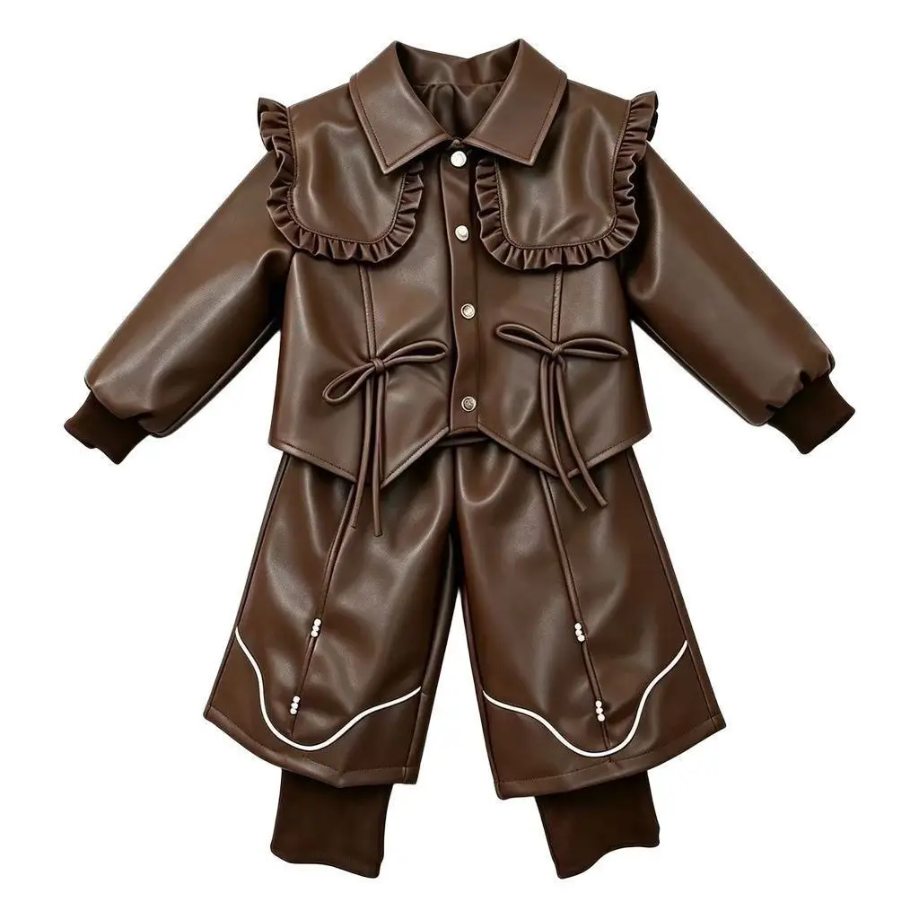 Girls Fall Set 2026 New Kids Fall Brown Two Piece Trendy Stylish Bow Knot Wide Leg Leather Jacket Two Piece Set