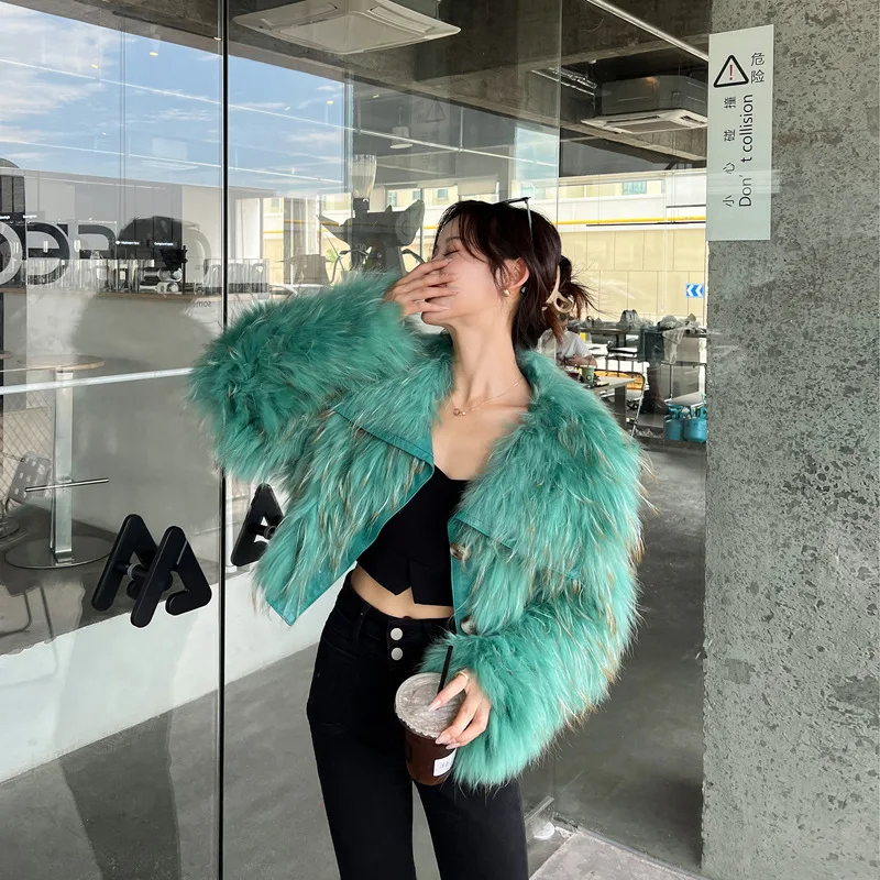 Women's Winter Jacket With Fur Fashion Navy Collar Batwing Sleeve High Waist Slim Green/Purple Short Sheepskin Raccoon Fur Coat