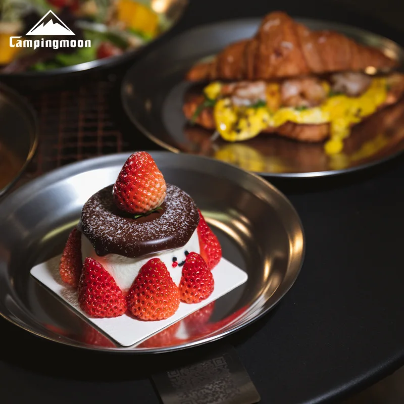 

CAMPINGMOON Outdoor Picnic Plate Set Stainless Steel Simple Fruit Plate with Storage Bag Camping Portable Tableware