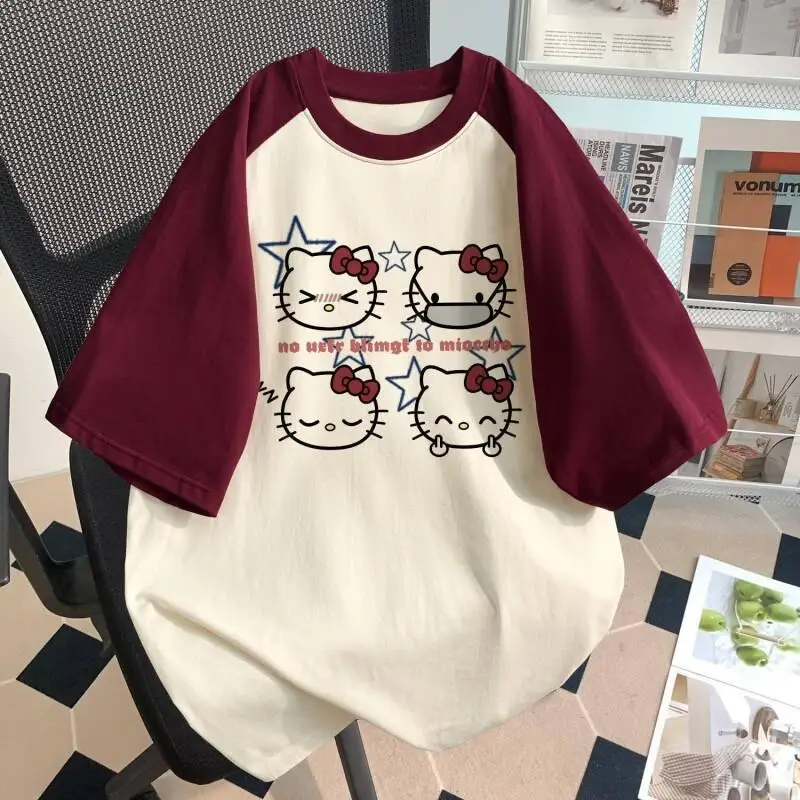 

Sanrio Hello Kitty women's T-shirt tops Short Sleeve Cotton Women's Summer Sweet Print Color Block Cute Raglan Sleeve Trendy