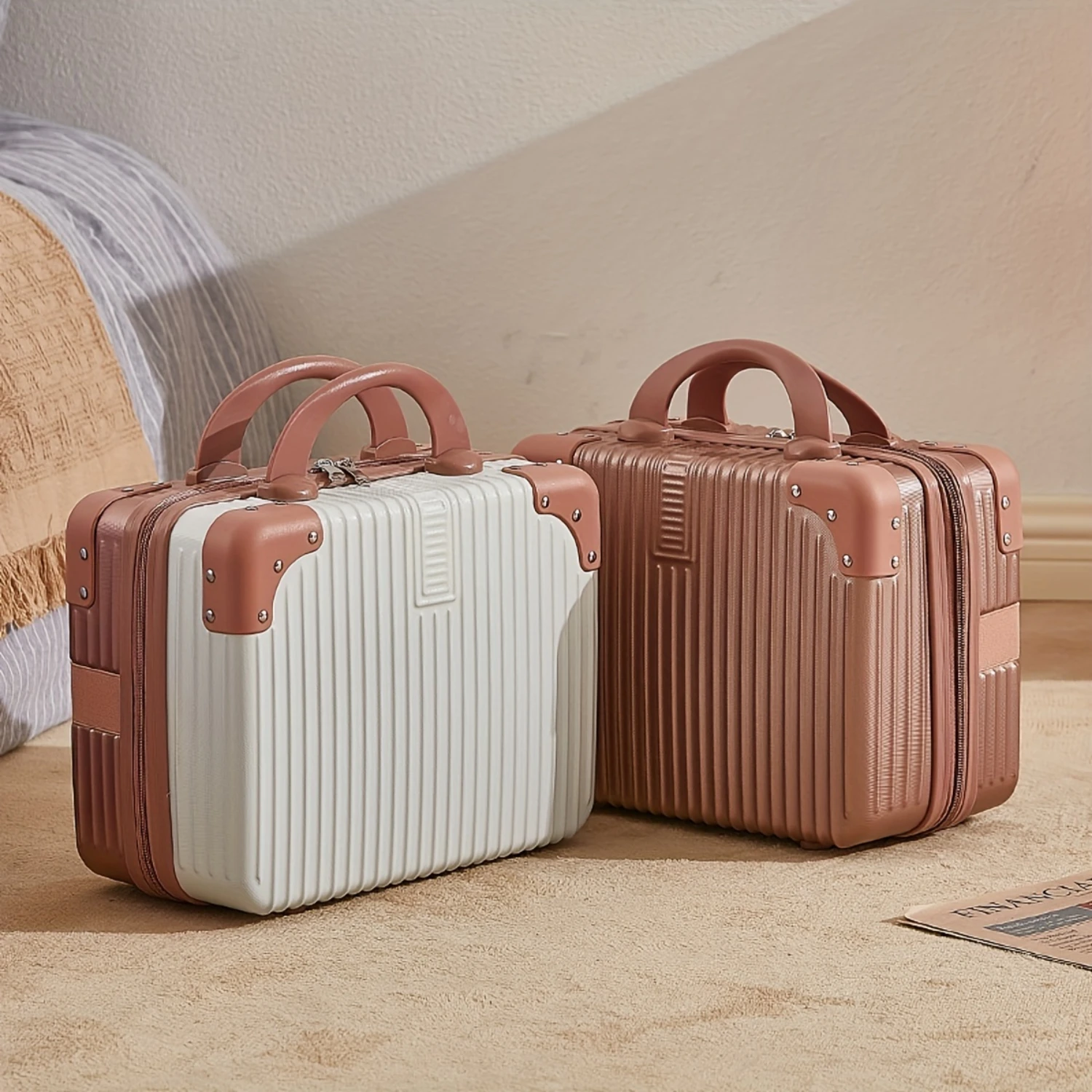 Makeup Travel Case, Cosmetic Organizer, Striped Solid Color Cosmetic Suitcase, Travel Makeup Case