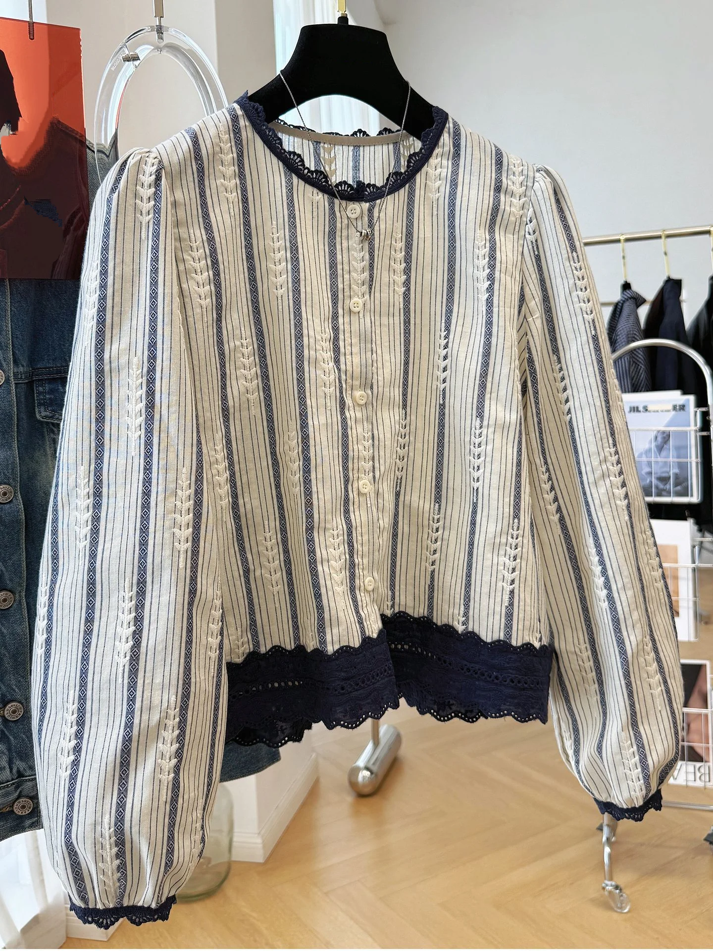 Women's Striped Lace Trim Blouse, Elegant Long Sleeve Button-Down Shirt with Hollow Embroidery, Casual Daily Wear
