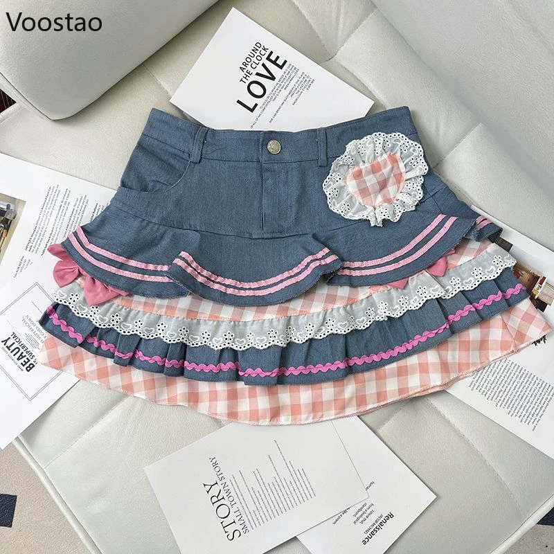 

Harajuku Gothic Y2k Lolita Mini Denim Skirts Sweet Women Casual Hearts Ruffles Bow Princess Cake Skirt Girls Cute Tiered Skirt