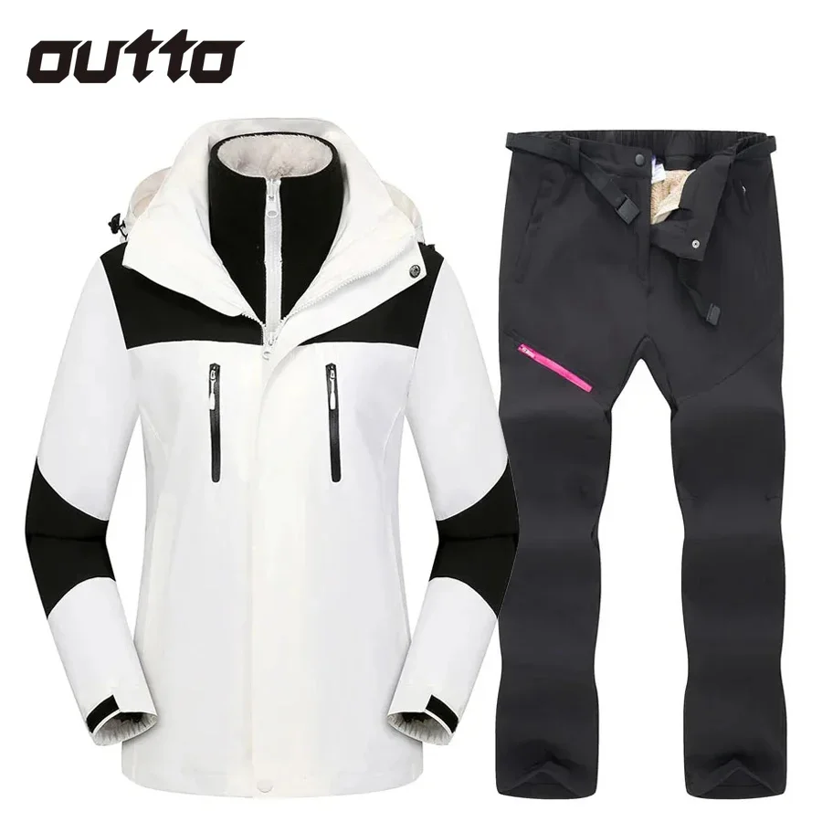 

Winter Ski Suit Women Windproof Waterproof 3 in 1 Jackets Plush Warm Pants Wear-resisting Set Female Snowboard Snow Costumes