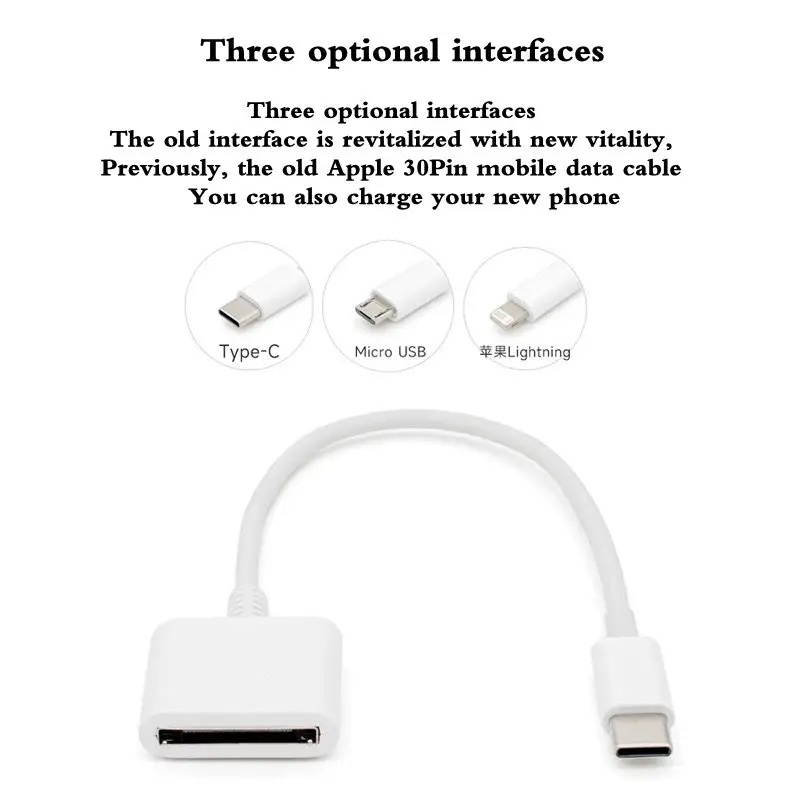 Stary 30-pinowy kabel do transmisji danych firmy Apple do adaptera ładowania z wtyczką typu C podłączony do głowicy konwertera kabla do transmisji danych telefonu z systemem Android — zdjęcie produktu 3