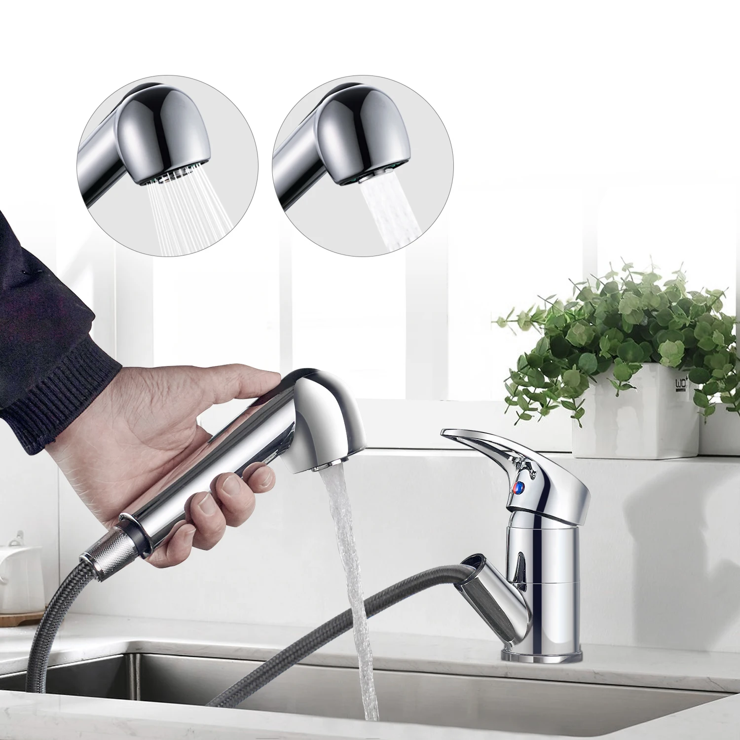 Verchromter Küchenarmatur, ausziehbarer Mischbatterie, 360° ° Schwenkbarer Wasserhahn aus Messing, Einhebelmischer für Warm- und Kaltwasser, 2 Sprühmodi – Detail 8