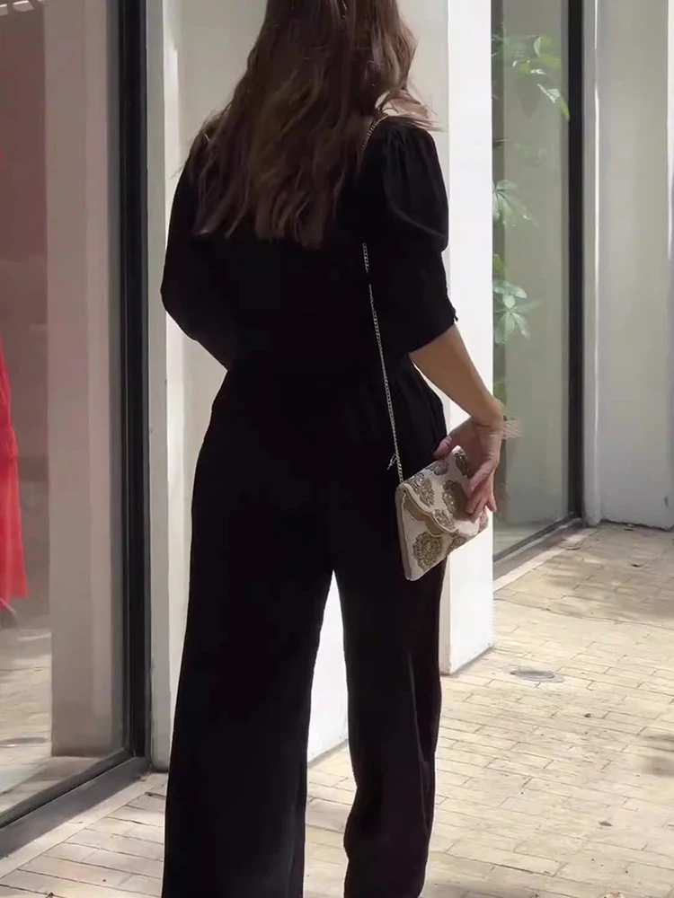 Drauuing 2 Piece Sets Women Long Sleeve Blouse Crop Top And Wide Leg Pant Casual Outfits Women Elegant 2 Pieces Sets Women