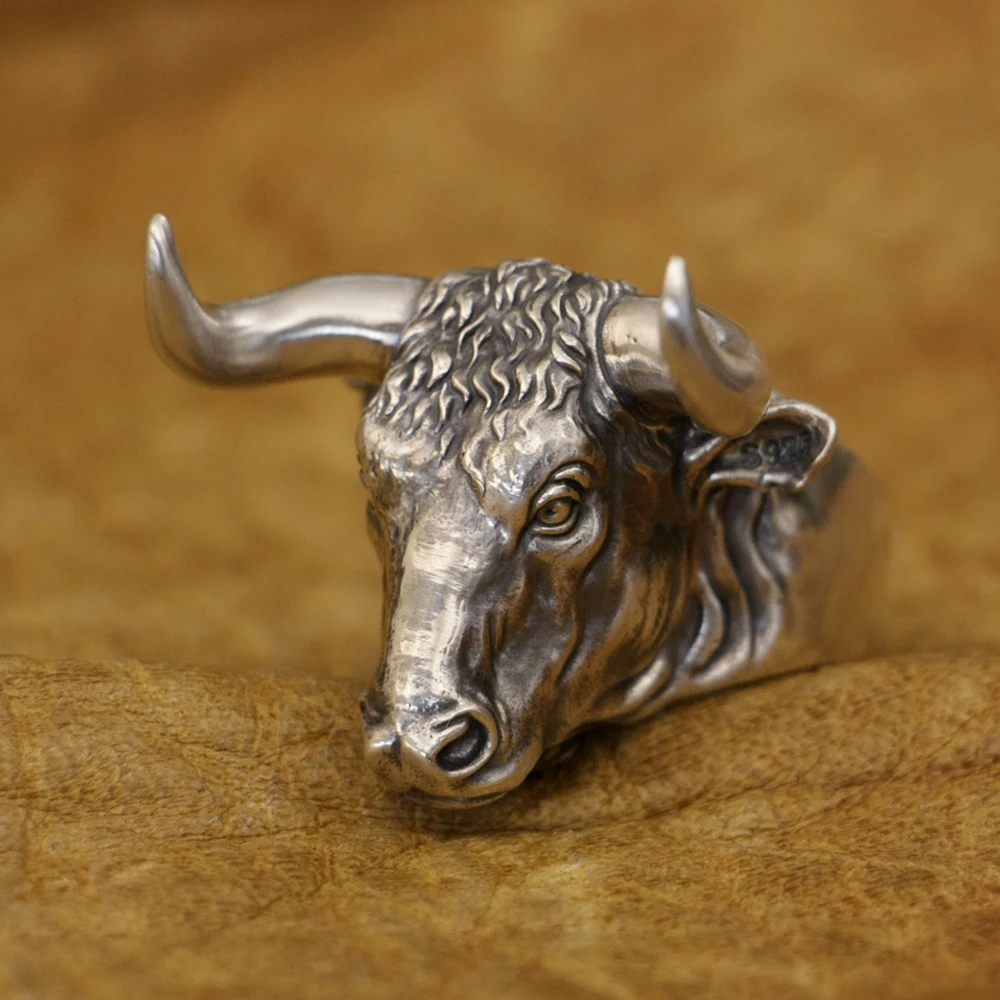 LINSION Buffalo Ring 925 Sterling Silver Biker Rock Punk Wild ox Ring TA394 US Size 7~16