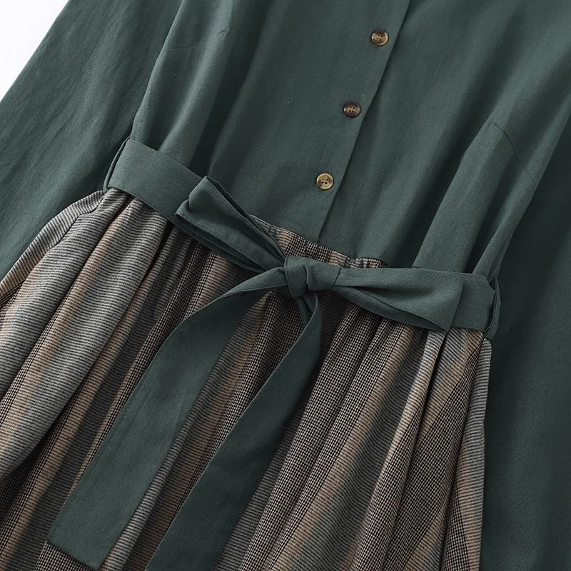 2025 Herfst Katoen En Linnen Jurk Vintage Single Breasted Vrouwen Losse Lange Mouwen Patchwork Jurk W790