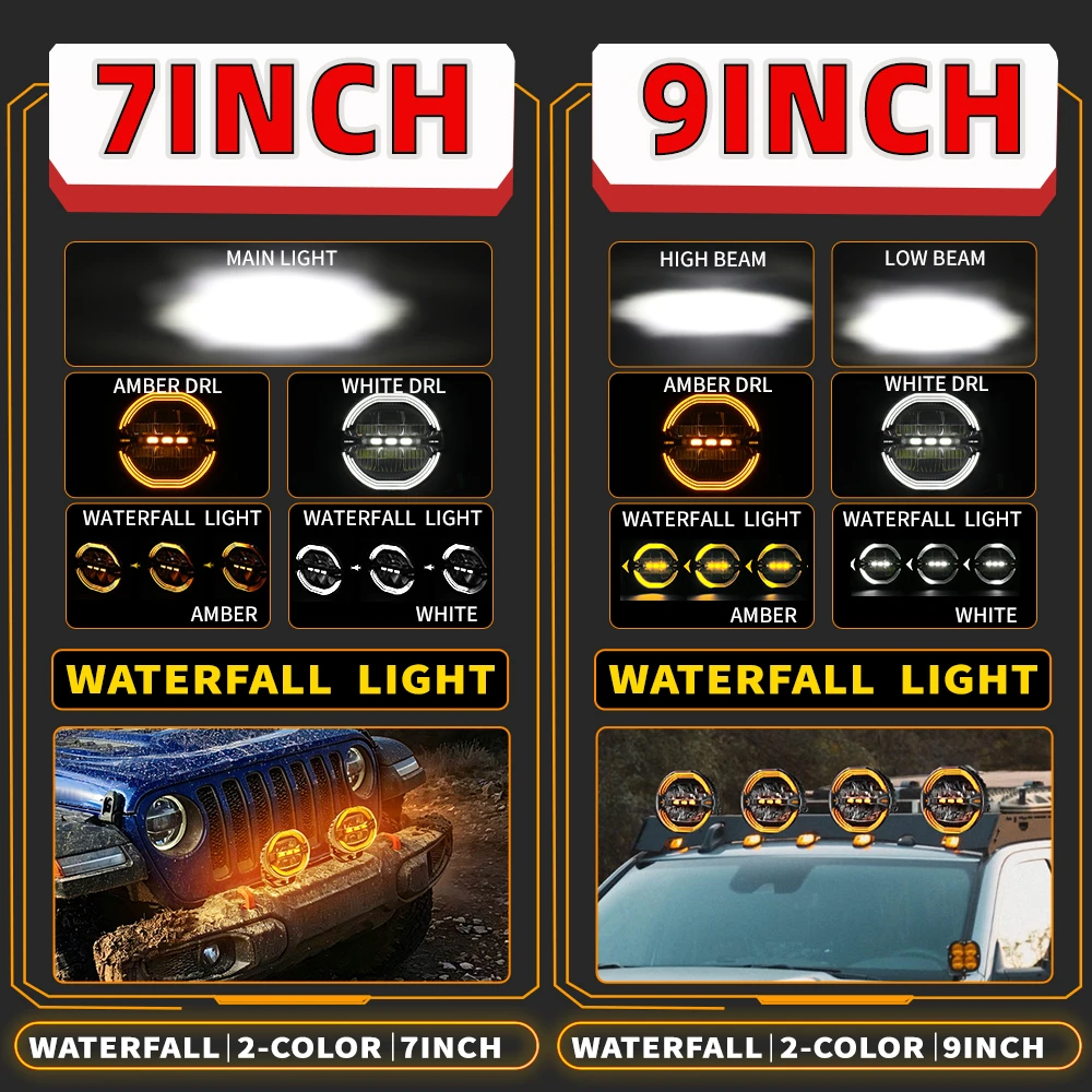 CO LIGHT off-road use 7 Inch Round LED Offroad Work Lights Waterfall Sequential DRL Amber White Halo Angel Eye Lamp For Jeep SUV