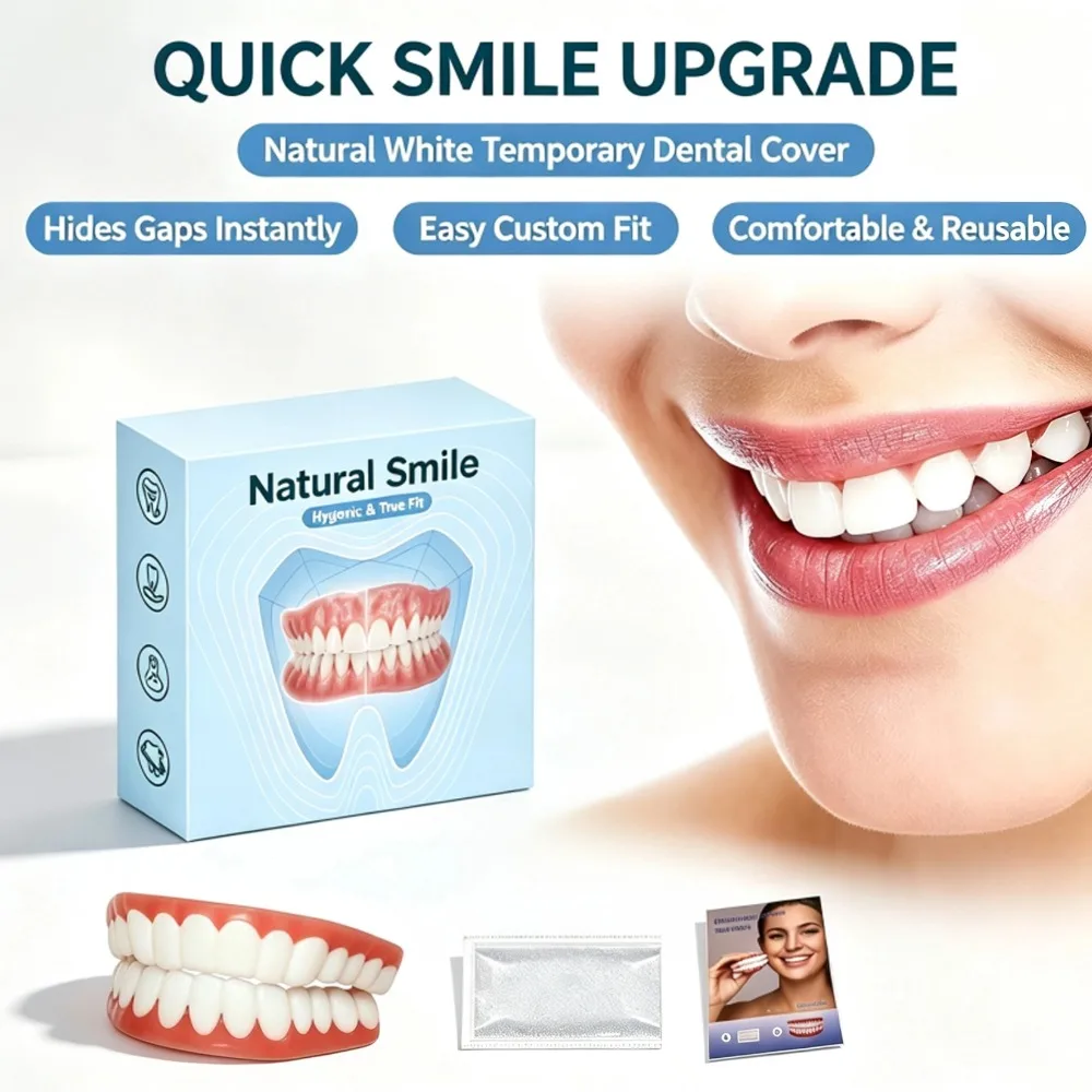 Natural Smile Dentures Set Temporary Full Upper & Lower False Teeth Custom Moldable Whitening Fake Teeth for Adults Senior