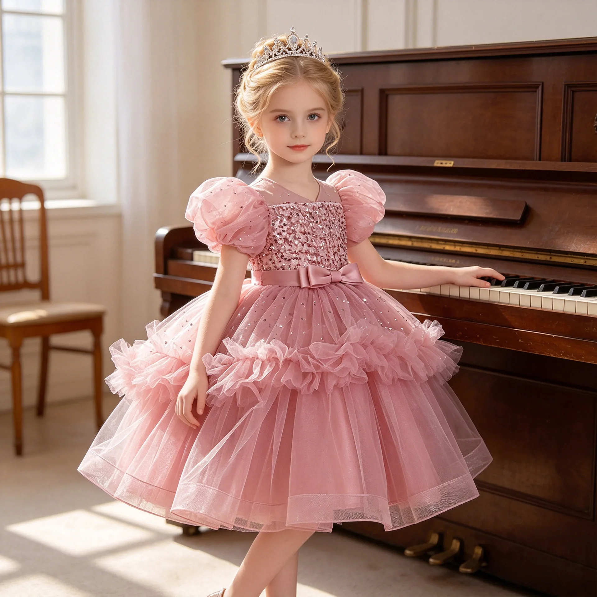 

New Baby Summer Girls Boutique Pink Sequined Mesh Dress, Princess Kids Fashion Holiday Dresses 3-8