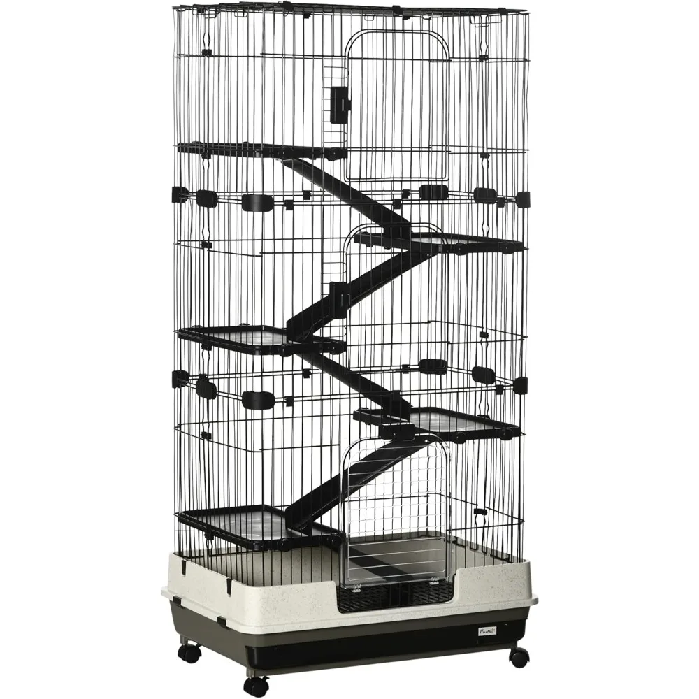 

Multi-Level Small Animal Cage with Wheels for Ferrets, Rabbits, Chinchillas and More - 62.75 inches Tall, Black