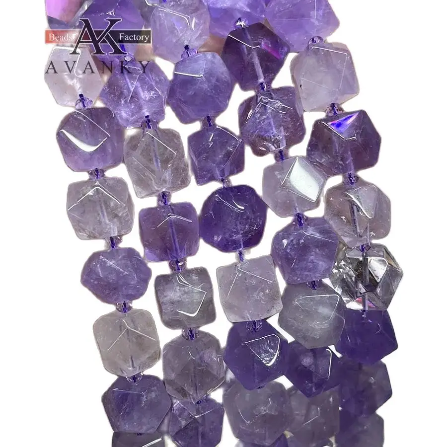 Natural Crystal Amethyst Handmade Faceted Irregular Cube Loose Beads Stone For DIY Jewelry Making Bracelet Necklace 15“ 12-13mm