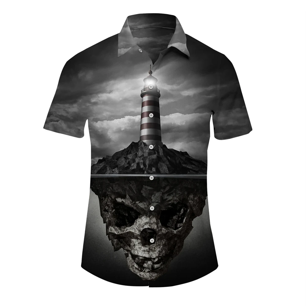 Camisa de praia masculina estampada em caveira 3D, manga curta, botão, casual, legal, havaiana, plus size, verão