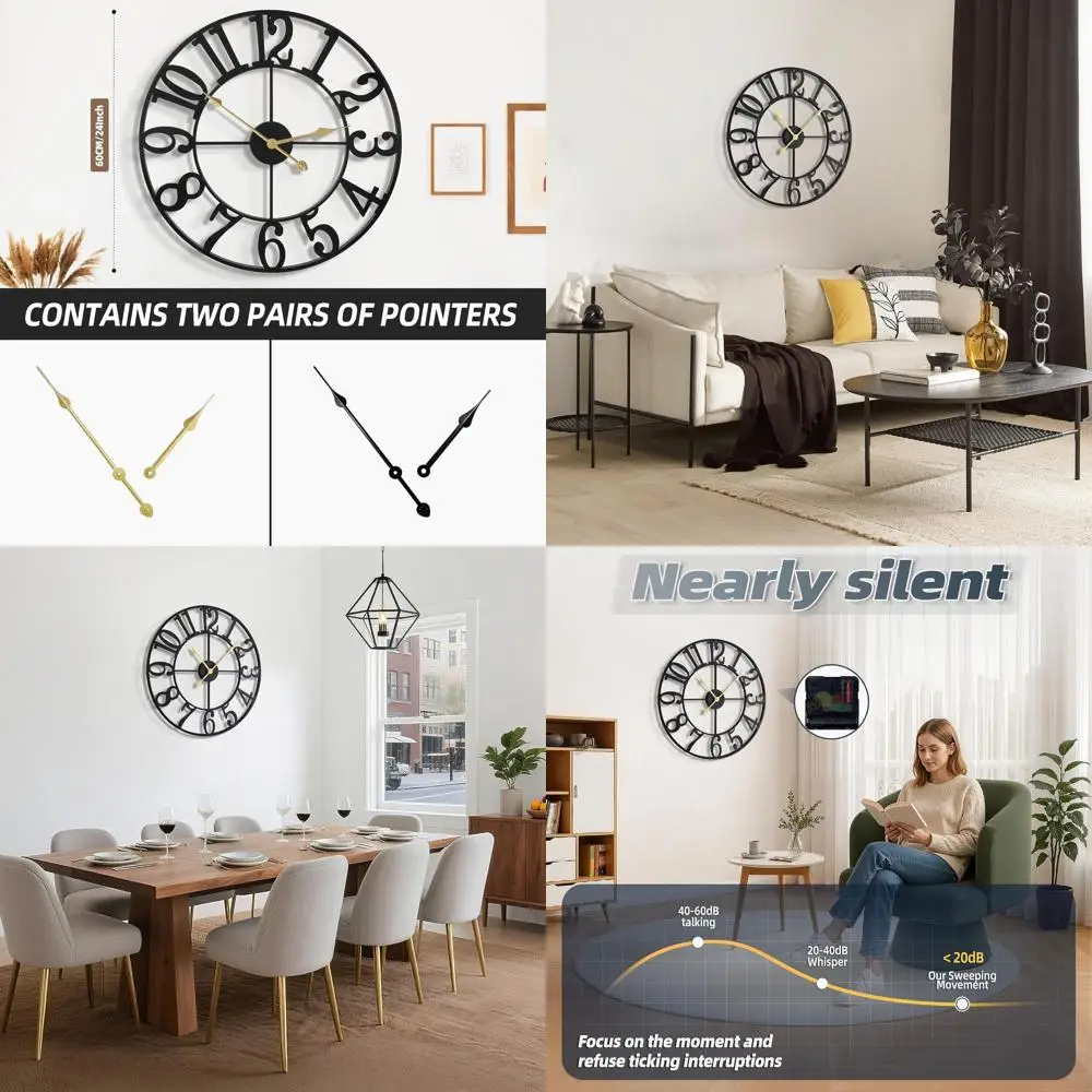 

24 Black Metal Silent Round Wall Clock, Battery-Powered Jumbo Numerals, Modern Vintage Style for Home, Kitchen, Office