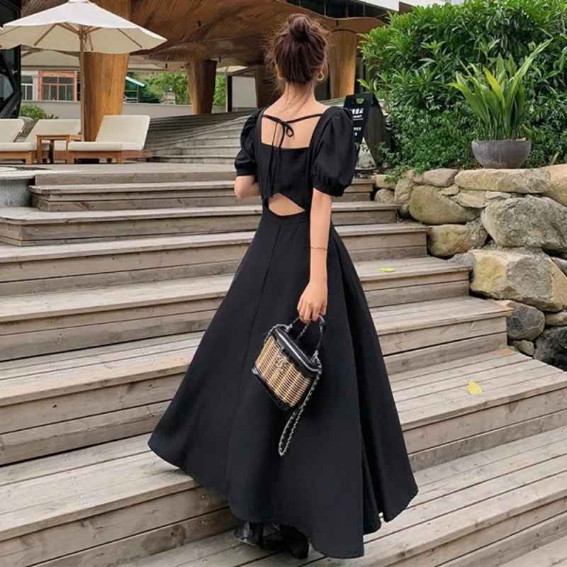 

Women's Long Dresses 2024 New Summer Backless Dress Female Fashion Slim High Waist Puff Sleeve Stitching Bandage Long Dresses