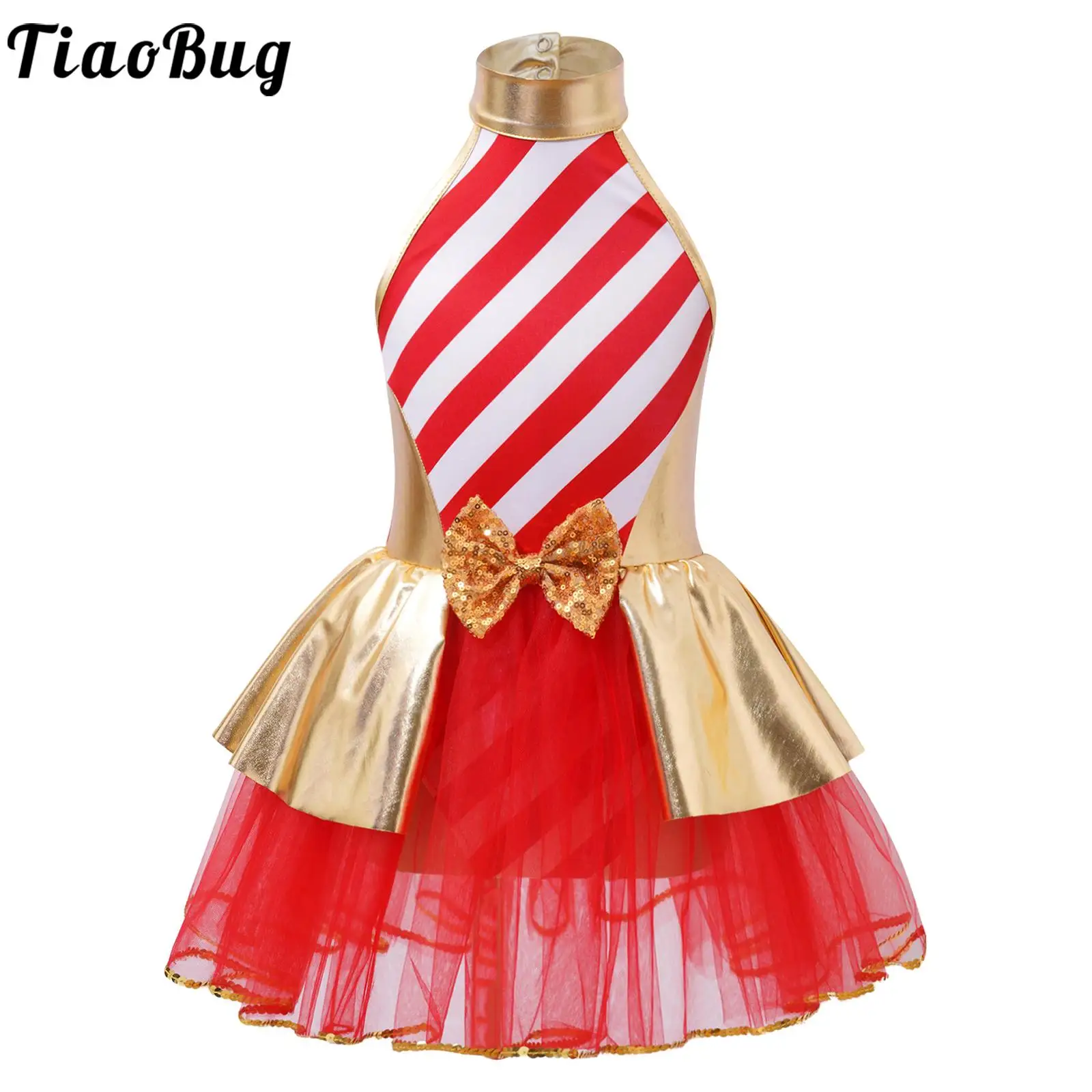 Kids Girls Christmas Dance Dress Xmas New Year Party Performance Costume Striped Ballet Tutu Leotard Figure Skating Dancewear