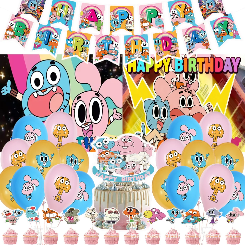 

Cartoon Worlds of Gumballed Birthday Party Supplies Cake Decor Balloon Banner Gumballes Backdrop Cupcake Topper Kids Baby Gifts