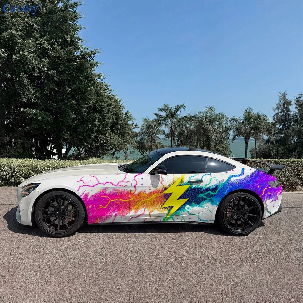 2pcs Vibrant Burst Lightning Car Side Wraps, Self-Adhesive PVC Waterproof & Scratch-Resistant Stickers, Car Accessory Gift