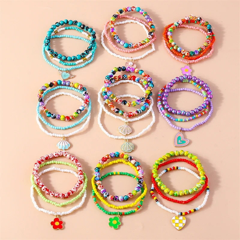 3-teiliges Set Modische Handgefertigte Perlenarmbänder für Frauen, Legierungs-Muschel-Herz-Anhänger-Armbänder, Schmuckgeschenke für Mädchen, Party, Festival – Detail 1