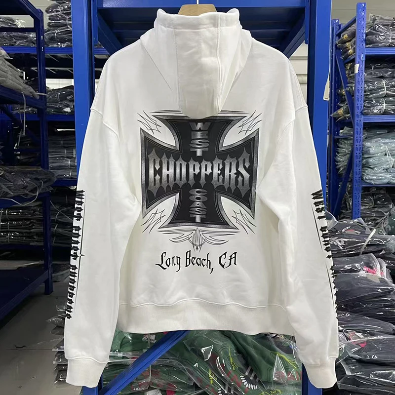 

Худи American Street Motorcycle West Coast Choppers унисекс, белый, хлопковый, с логотипом и крестовым принтом