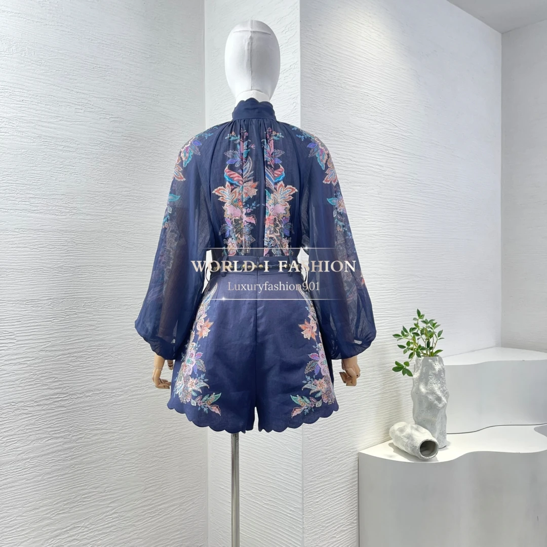 

2025 New Collection Women's Navy Blue Paisley Print Long Sleeve Blouse Tops and Shorts Set