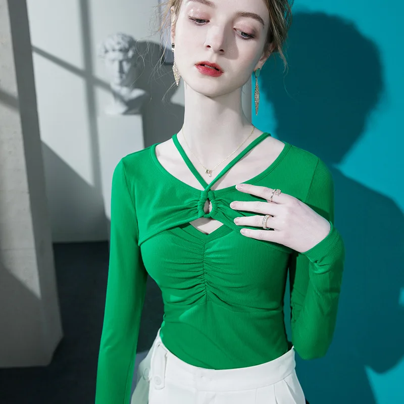 المرأة باويلون رقبة الرسن كم طويل تي شيرت ، جوفاء من خليط ، أضعاف أسفل قميص ، قمم الربيع