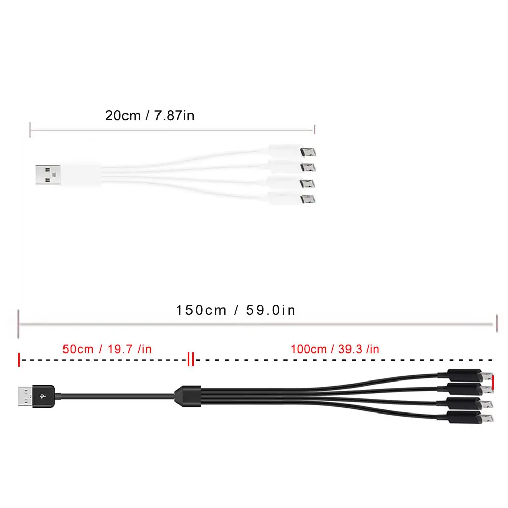 20cm Short USB Multi Charging Cable 4 in 1 Multiple Type C / Micro USB Charging Cord 4Port USB C Splitter Cable 5V 2A