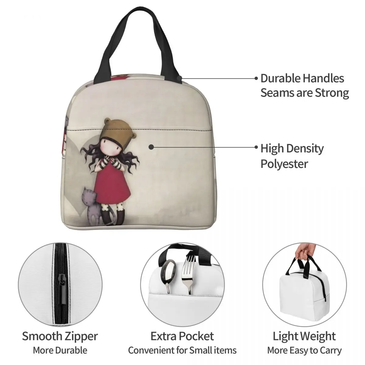 Santoro Gorjuss Doll Insulated Lunch Bag High Capacity Cartoon Lunch Container Thermal Bag Tote Lunch Box Beach Travel Men Women