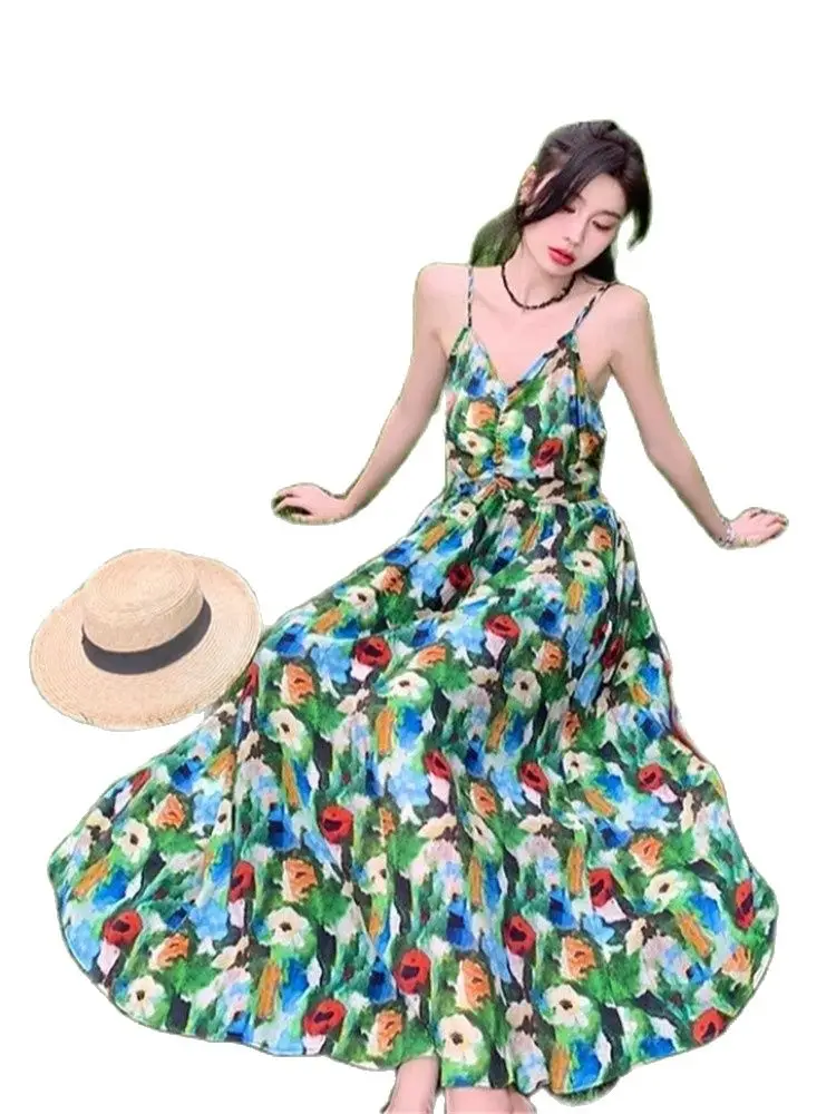 

Y2Kformal Dresses2024 Summer New Monet Oil Painting Skirt Stunning Fragmented Flower Strap Holiday Leisure Style Dress Women'S S