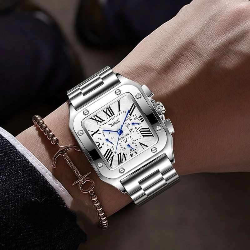 

Элитные роскошные квадратные автоматические механические часы для мужчин, дизайн-скелетон, модные деловые повседневные универсальные стильные крутые трендовые мужские часы, подходят для различных случаев, идеальный подарок для парня на День святого Валент
