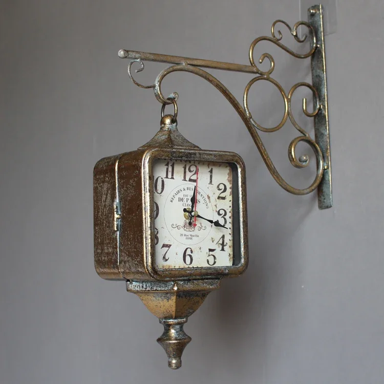 Retro fashion silent double-sided clock European personalized wrought iron decorative wall clock
