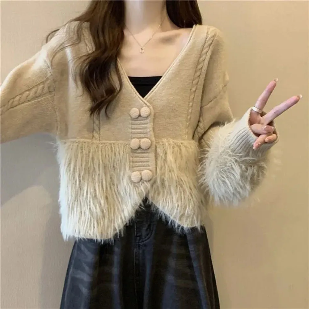 2023 autunno/inverno nuovi pullover oversize da donna a maniche lunghe con scollo a v Cardigan con frange Patchwork maglione lavorato a maglia giacca