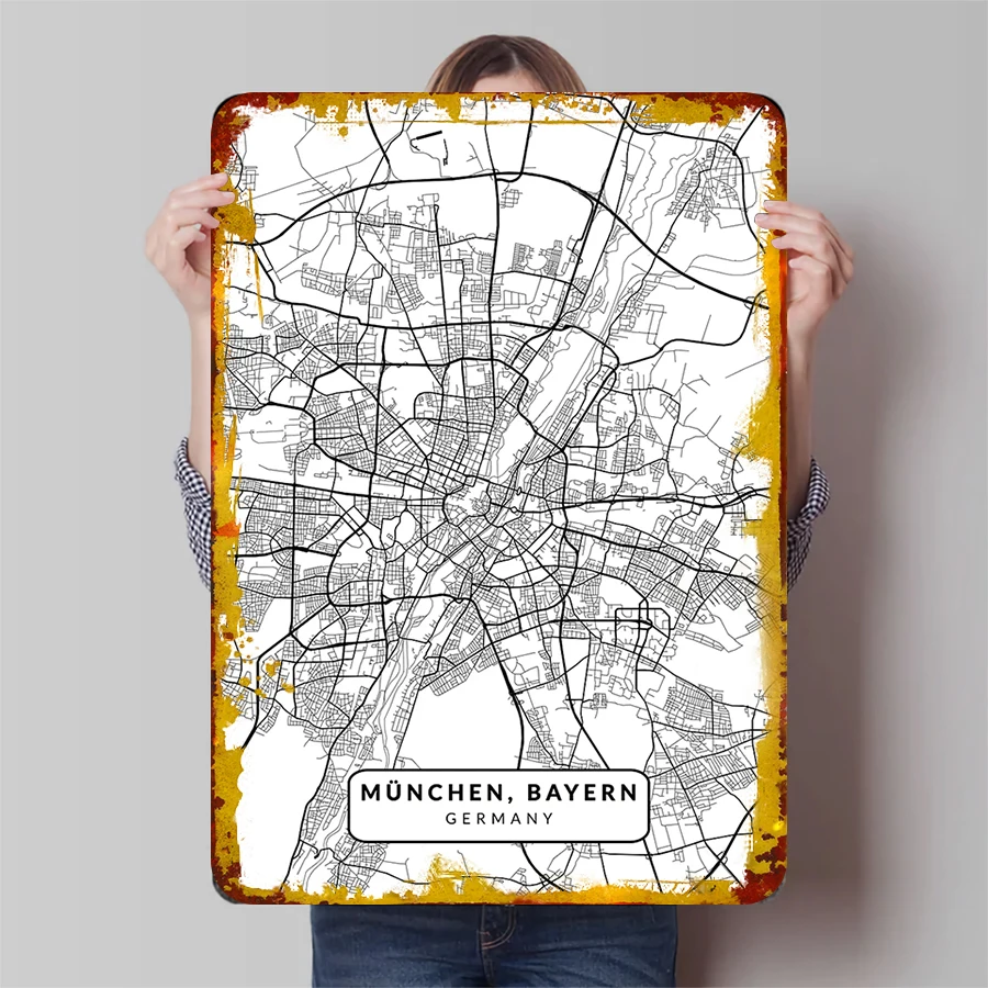 خريطة مدينة ميونيخ جدار معدني الفن بافاريا ألمانيا خمر الحديد اللوحة الزخرفية ديكور المنزل #1