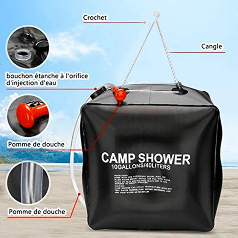 40L Solar Camping Showers with Hot Water Portable Camping Shower Bag with Removable Hose Shower Nylon Ropes for Outdoor Garden