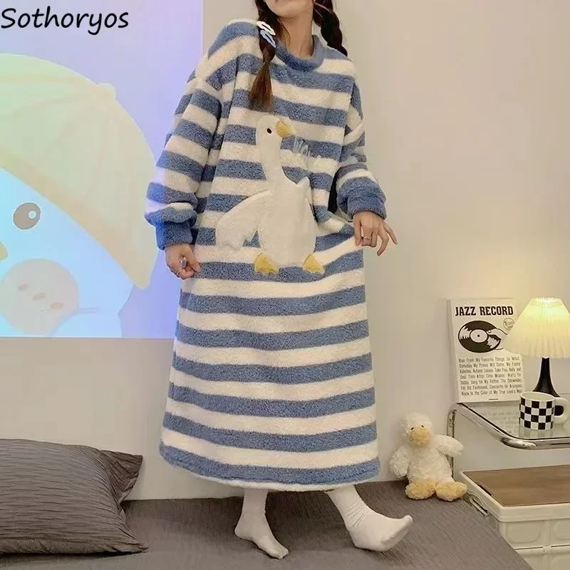 Winter Nightgowns Women Striped Coral Fleece Cartoon Thicker Cute Sleepwear Home Students Long Sleeve Harajuku Kawaii Warm Chic