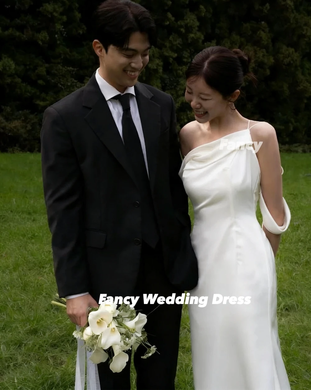 Fantaisie élégante une épaule corée robes de mariée personnalisé bretelles Spaghetti sirène robe de mariée crêpe séance photo robe de mariée
