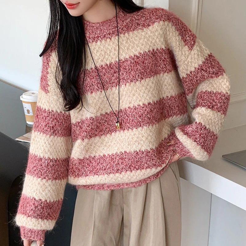 

Женский элегантный милый шерстяной свитер, осень-зима, новый свободный полосатый вязаный пуловер с круглым вырезом и длинными рукавами, красивый универсальный топ