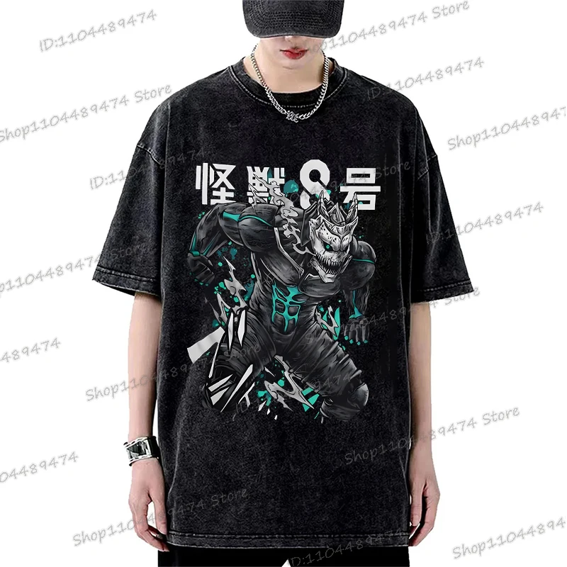 Anime Washed Tshirt Kaiju No 8 Harajuku Cotton Short Sleeve Oversize Tees Funny Kaiju Hachigou Streetwear Men Women Manga Tops