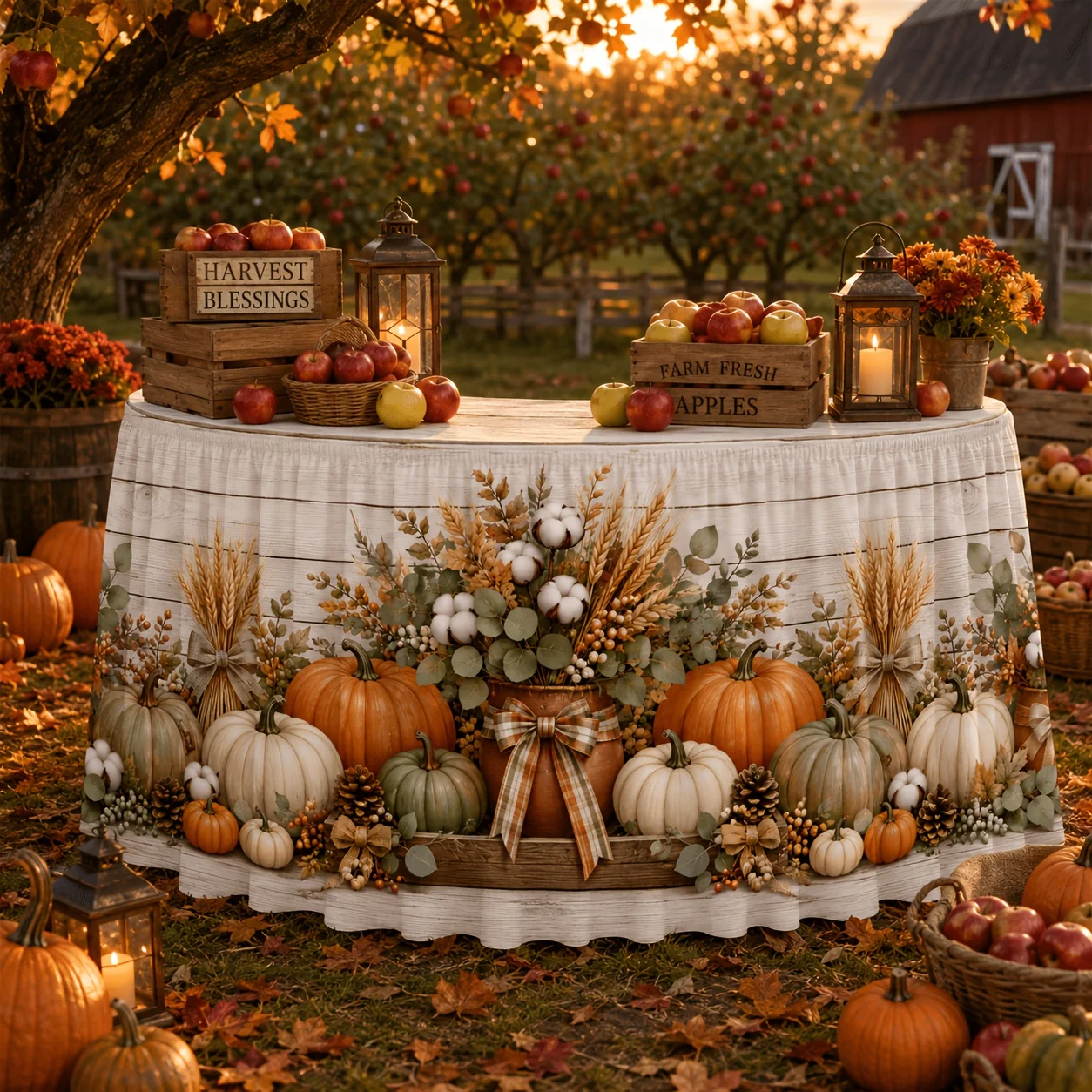 Polyester country-style wood-grain autumn print table skirt with butterfly knot decoration. Suitable for Thanksgiving.xzj
