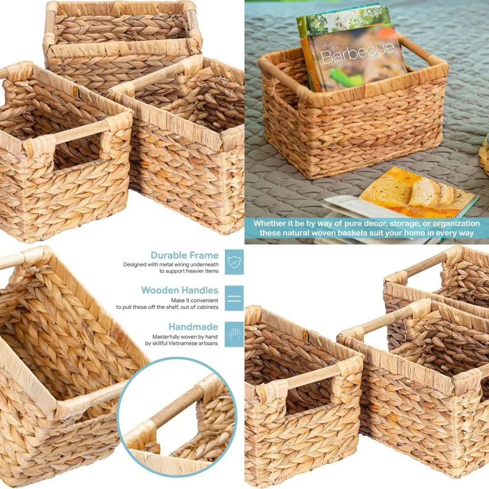 

Набор из 3-х небольших плетеных корзин для хранения и организации в ванной комнате, деревянная ручка, 10x7,5x6,3 дюйма